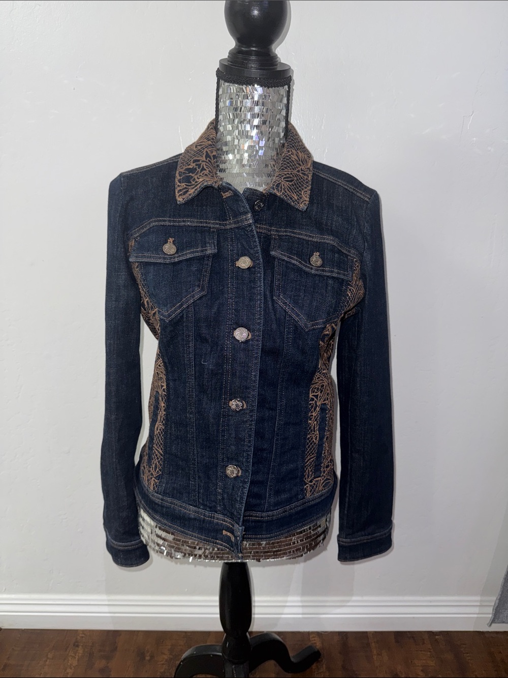 White House Black Market Dark Blue Denim Jacket with Tan Embroidery